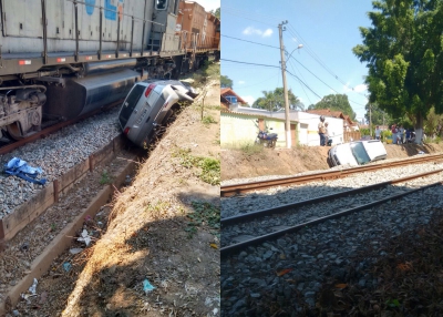 ACIDENTE EM LINHA FERREA: carro capota, cai na linha férrea e perícia de maquinista evita morte de família acidente trem-400